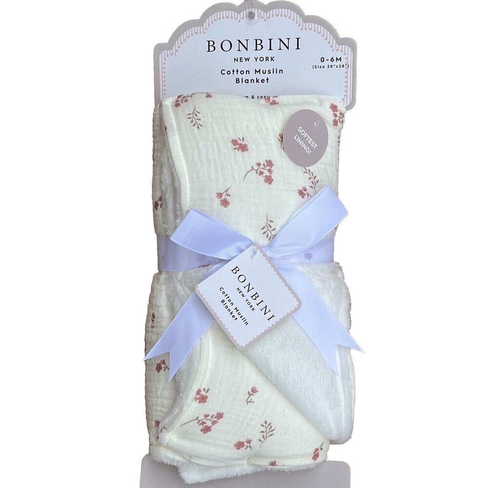 BONBINI Cotton Muslin Baby Blanket Stepping Stones Tiny Flowers Ivory Reversible